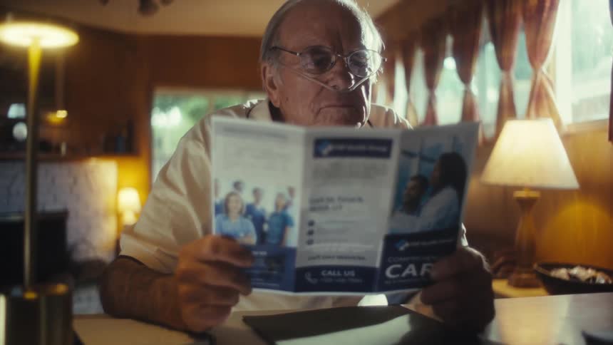Elderly man with glasses and a nasal cannula reading a medical pamphlet