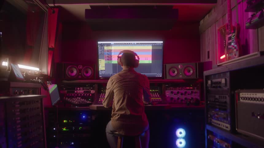 Woman wearing headphones operates the mixing console in a studio in front of the editing screen