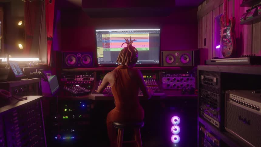Woman sitting and working in a music studio