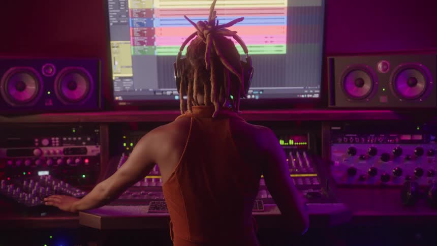 Woman wearing headphones operates the mixing console in a studio in front of the audio editing screen
