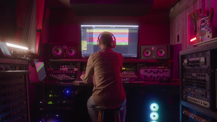 A person with headphones on is sitting in a music studio and working at a mixing board with a computer screen showing a music production program