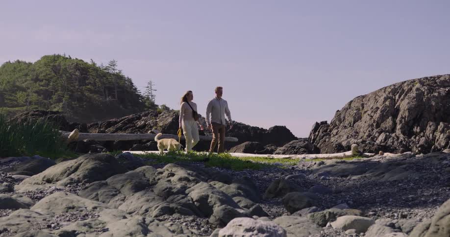 A couple strolls with their dog across a rocky shoreline framed by driftwood cliffs and forested hills under a clear sky