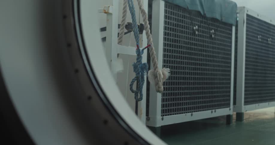 The video shows an industrial air conditioning unit on a rooftop or a boat deck a person unties a rope attached to the side of the unit