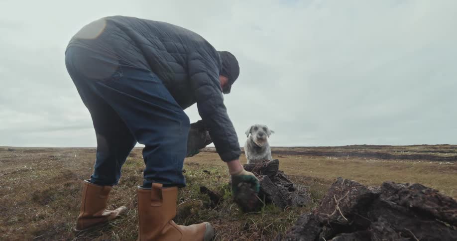 Man works in field loading earth blocks into truck while dog watches