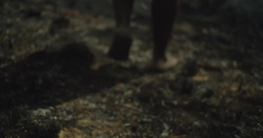 A person is walking barefoot on a dirt path with scattered leaves and small patches of grass the camera is positioned low to the ground focusing on the persons feet as they move forward