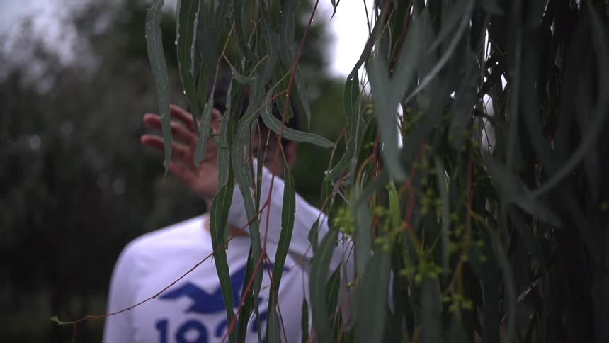 Man walking up and pushing leaves to the side