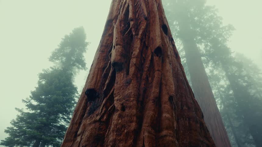 Trunk of a large tree standing in a foggy forest shows signs of damage