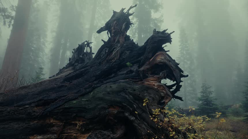 A fallen tree trunk rests in a forest under a misty sky