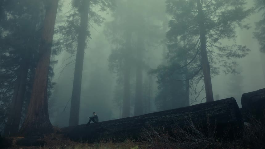 A person sits alone on a fallen tree in a misty forest