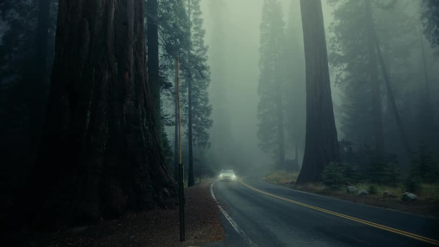 A car drives along a winding road through a foggy forest