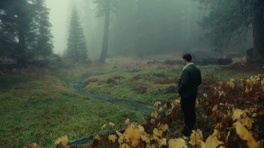 A man stands alone in a foggy forest beside a narrow path