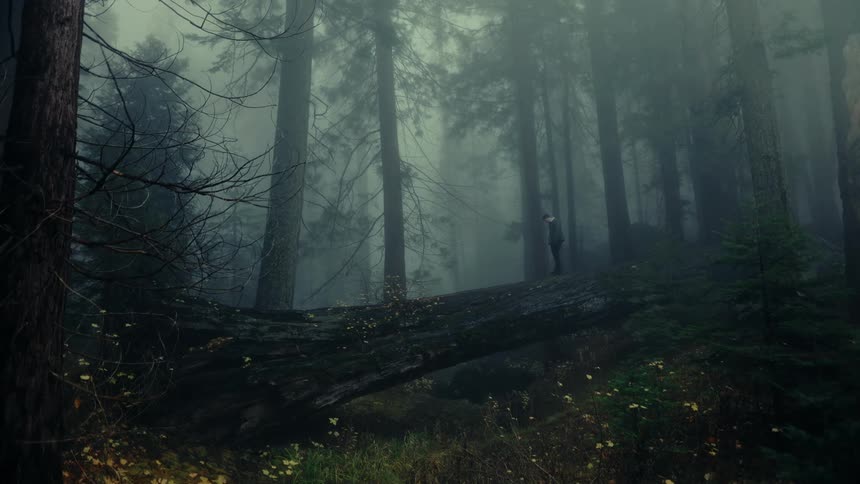 A person carefully walks across a fallen tree in a dense forest