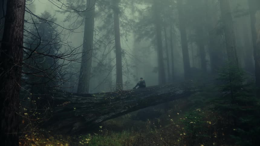 The man is sitting on a fallen tree in the fog filled forest