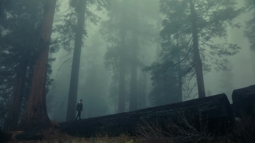 A person walks through a foggy forest with tall trees and fallen logs