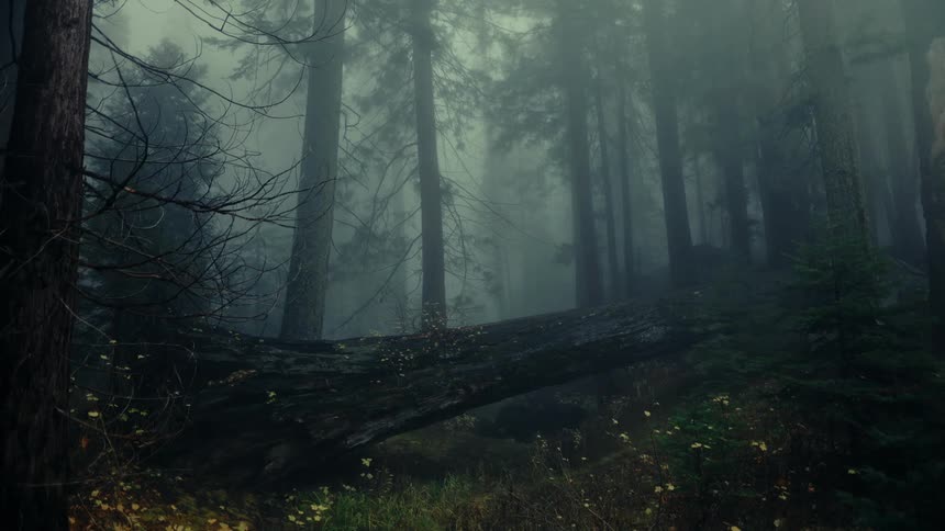 A wide view of a foggy mysterious forest with tall trees and a fallen log covered in moss