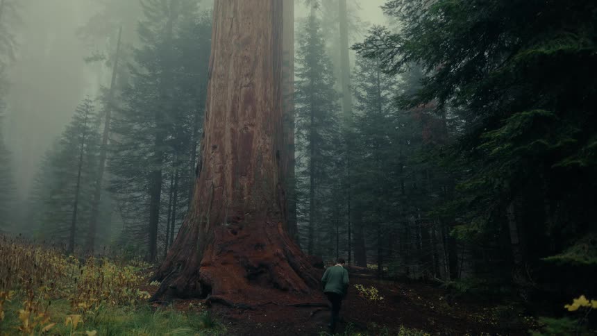 A man walks toward a massive tree in a foggy forest