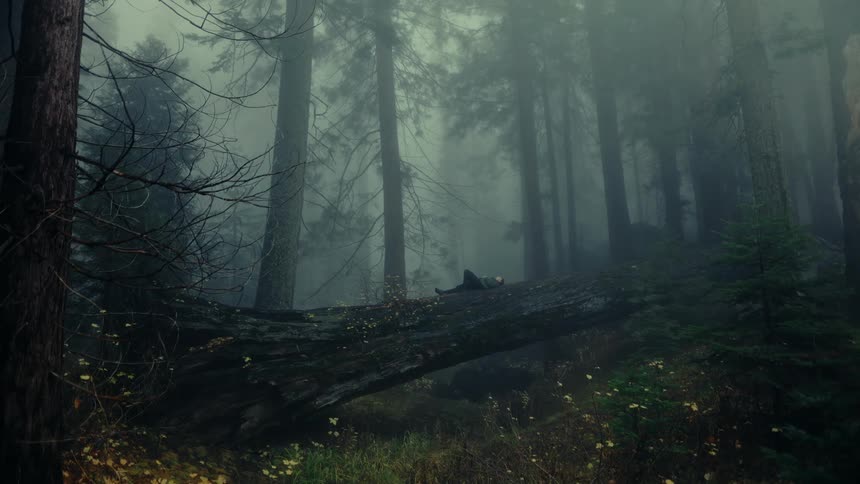 A person sits on a fallen log in a forest and then lies down with their head on the log