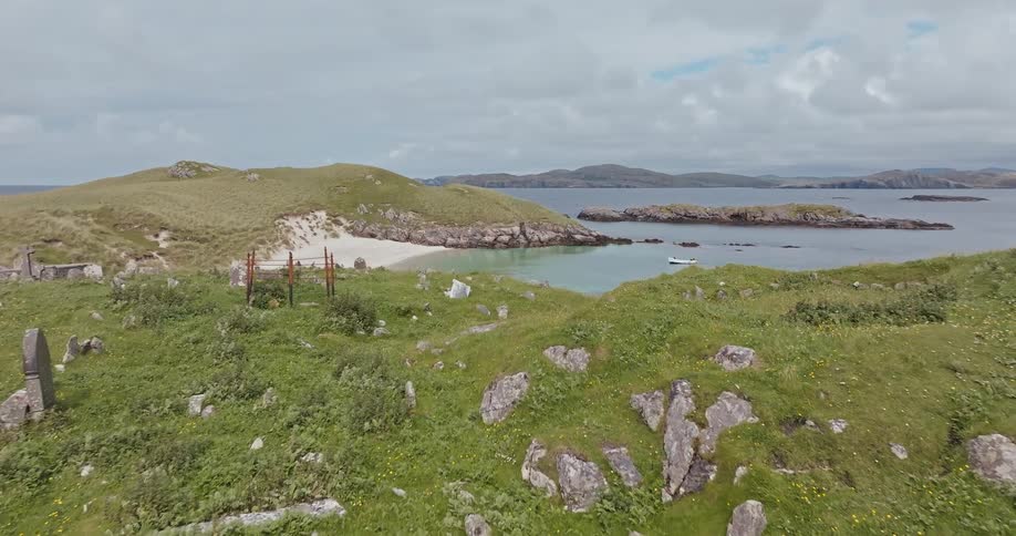 A high view shows a small sandy beach nestled between two grassy hills and a calm bay with an island in the background all under a bright cloudy sky