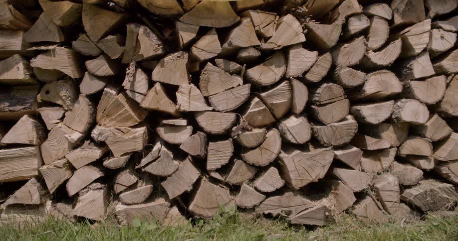 A large pile of wooden logs are on the ground