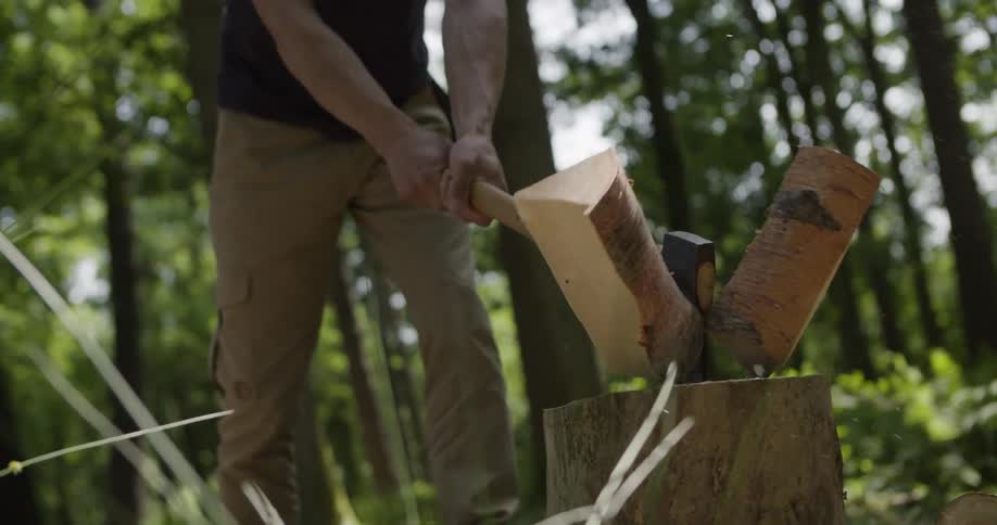 Young man in a forest at midday cutting wood with an axe