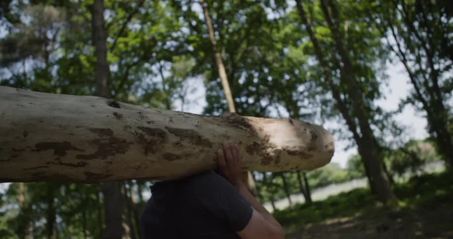 A man carries a large tree log on his shoulder in the forest