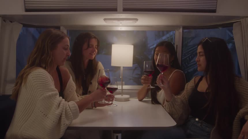 Group of friends sitting at a table drinking red wine