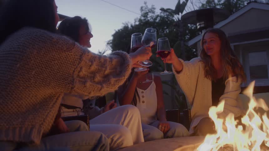 Women toast wine glasses and drink around the fire