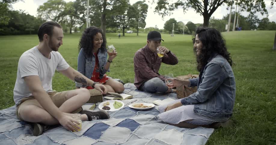 A group of people sitting on a blanket outside laughing and drinking