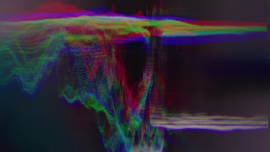 In the first clip a vibrant glitchy audio visualizer is displayed showing a fluctuating waveform of bright red green and blue colors on a dark screen the second clip features a person in a white spacesuit walking through a dark narrow hallway that