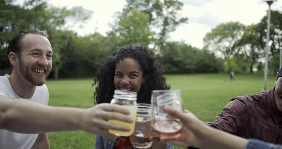 People toast their drinks at a picnic