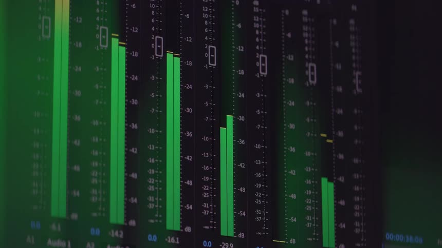 Digital audio meter interface with green bars fluctuating in intensity