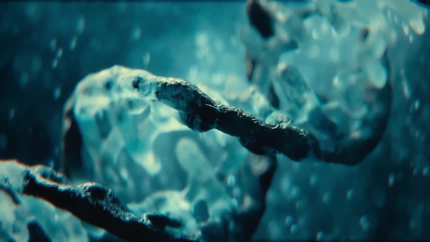A digital visual of a dna double helix is suspended in a dark blue liquid with bubbles and other glowing particles floating around it