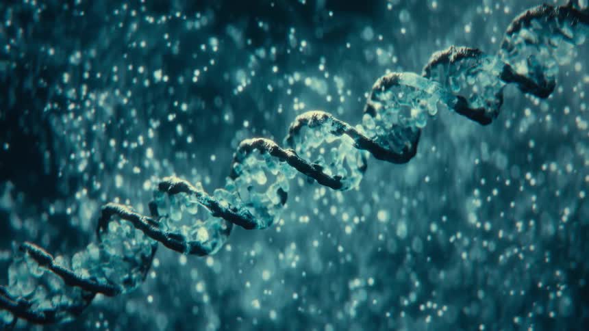 A computergenerated visual shows a large icelike dna helix with dark banding rotating slowly in a dark blue liquid with glowing particles floating around it