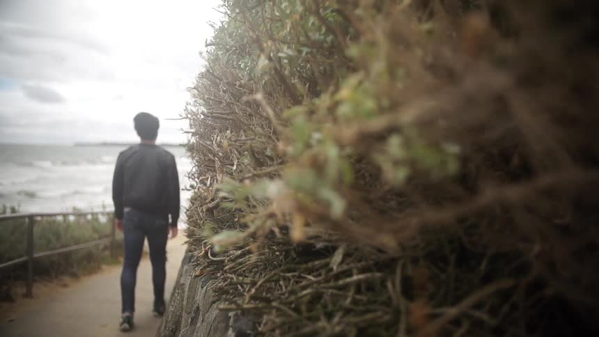 A man in a jacket walks towards a beach,