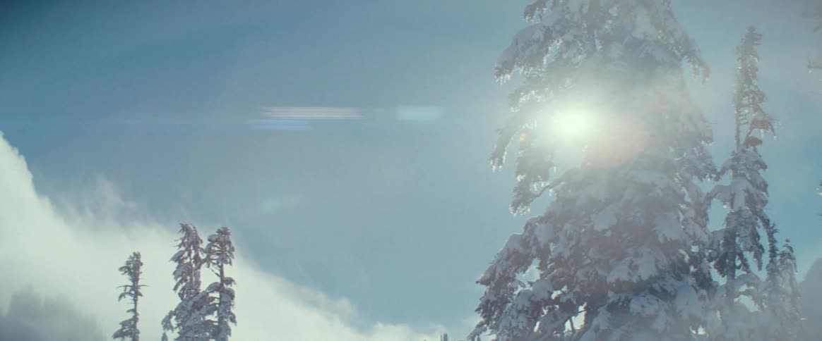 A beautiful scenic view of snowcovered mountains with tall pine trees and a bright sun flaring in the background on a clear winter day