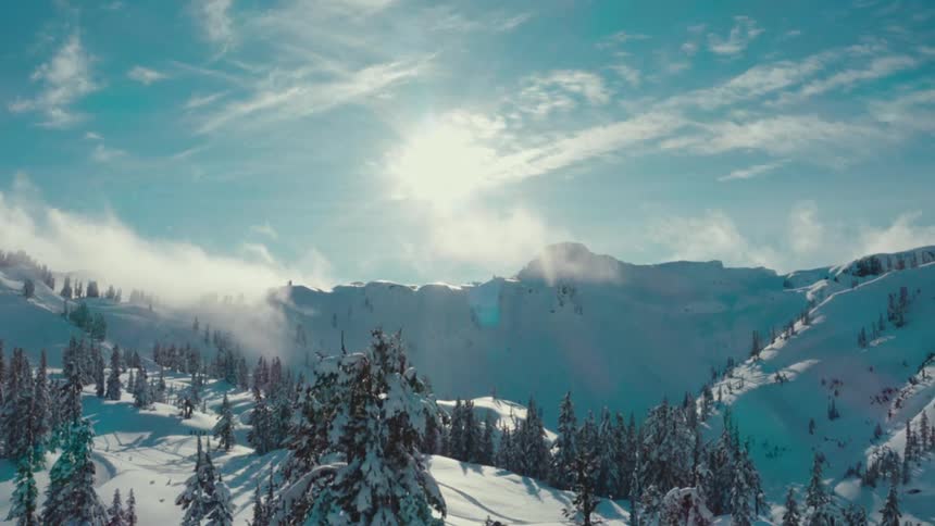 Landscape of mountains covered with snow and conifers