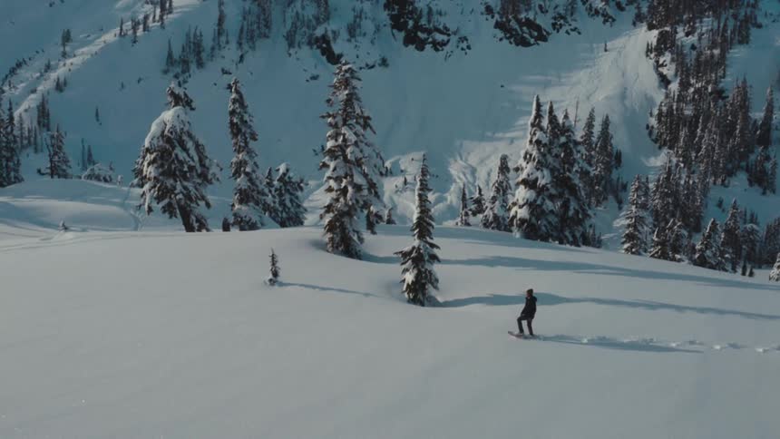A person walking across a field of snow in a valley surrounded by snowcovered trees and mountains