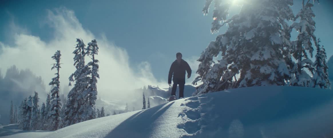 Man hiking on snow in the arctic on a sunny day wearing snowshoes