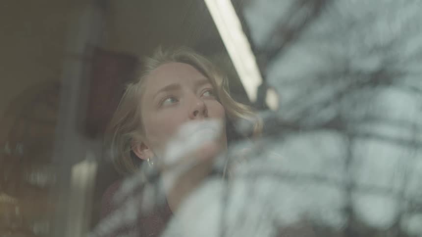 A blonde woman with her hair tied up is seen through a window looking up and to the right the window has a reflection of what appears to be a person in a plaid jacket