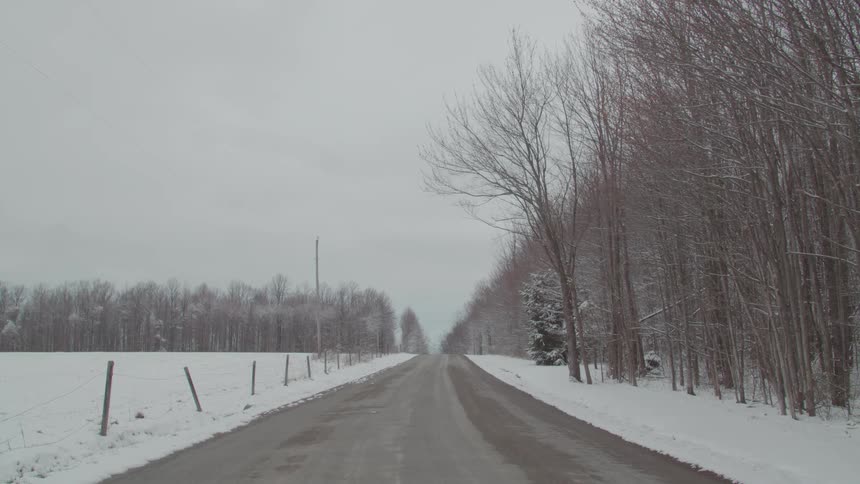 The video shows two lines the first line is a dirt road which is covered in patches of snow and slush the second line is a fence made of thin dark posts with a wire running between them the fence runs along the left side of the road parallel to it