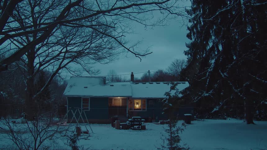 A man outside his house on a winter night