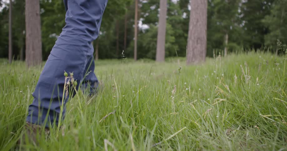A person wearing brown shoes and jeans walking on a grass field heading towards a group of trees