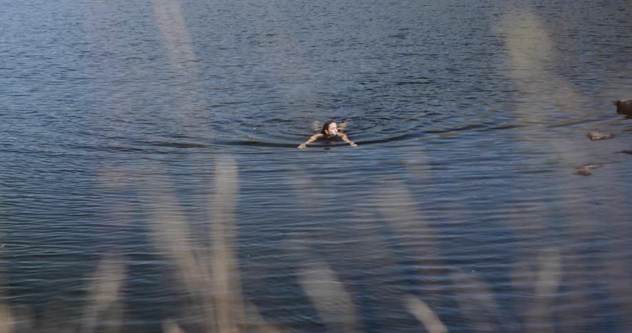The video shows a wide shot of a person swimming with their back to the camera in a calm lake the swimmer is in the middle of the frame with the clear blue water and some trees in the background