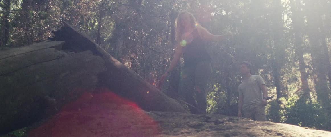 Woman walks up a dead log in the woods on a sunny day with man walking behind