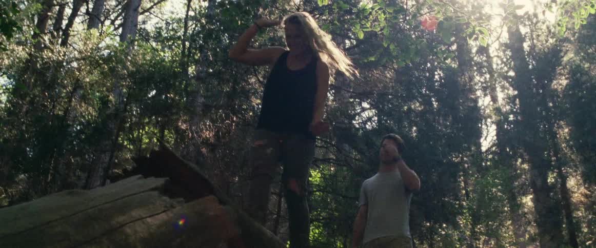 A man and a woman in a woods walking up a fallen tree