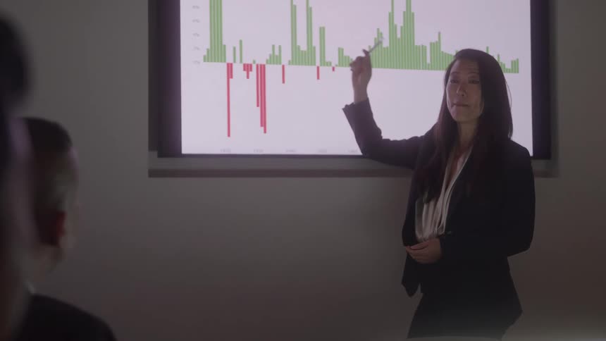 A midshot from behind a persons shoulder shows a woman in a business suit giving a presentation in a meeting room she is standing in front of a screen displaying a graph and speaking to the people gathered at the table