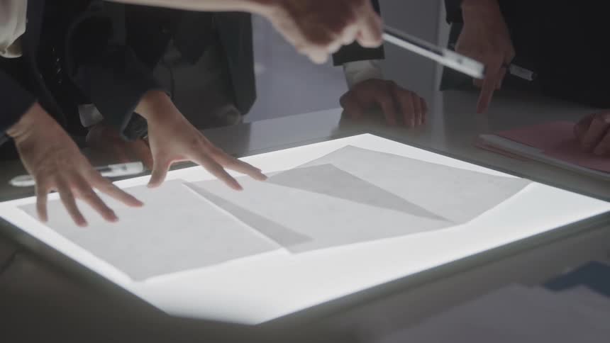 Workers talk and look at transparency sheets in the office