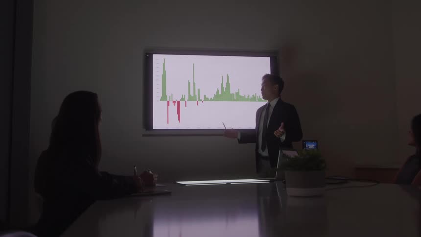 A business meeting with three people sitting and one man in a suit presenting graphics to them in an office setting