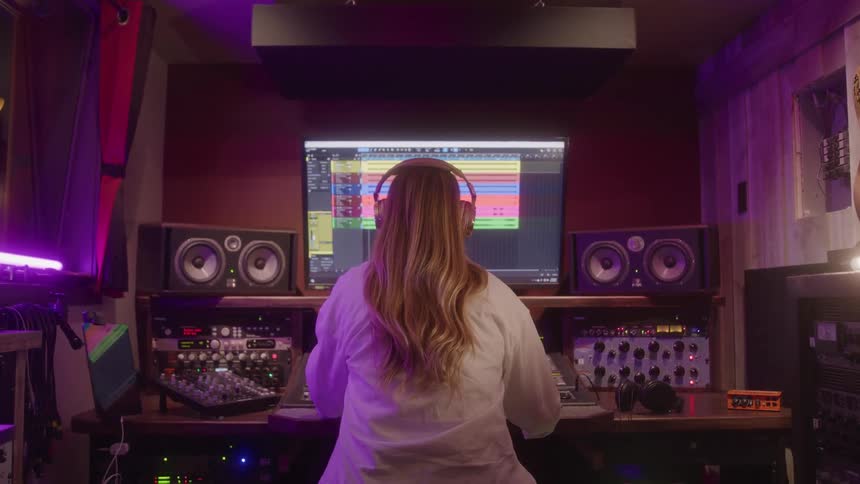 Person wearing headphones works in a recording studio looking at a screen with colorful audio tracks