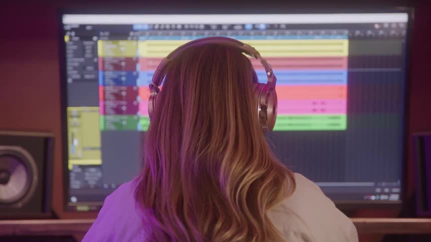 Music production with headphones in front of the audio editing screen